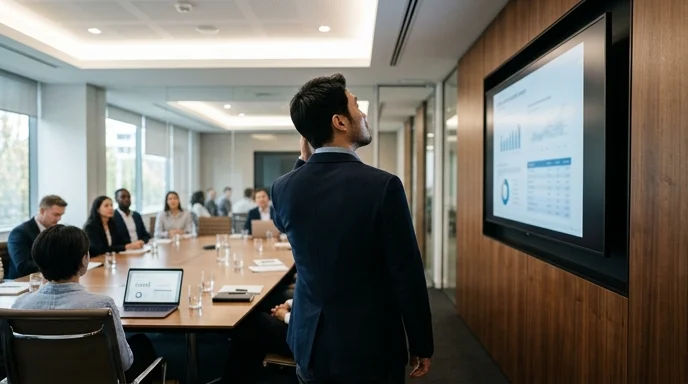 A Korean planner looking at a wall-mounted large screen from the back of a meeting room.
