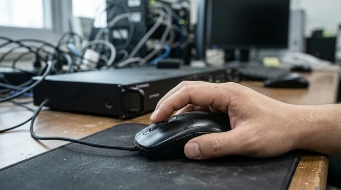 A Korean IT administrator's hand turns the scroll wheel of a mouse connected to an AV processor.