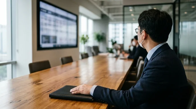 A Korean worker sits at a wooden conference table looking towards a large wall-mounted LED display.