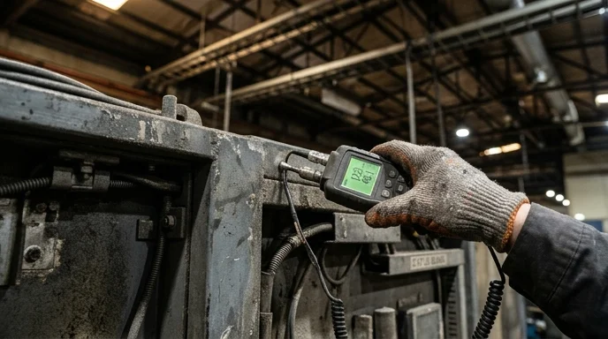 A gloved hand presses a vibration tool against the scuffed metal frame of a specialized status board.