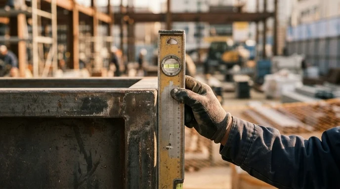 A Korean technician's gloved hand holding a spirit level against a heavy metal display frame at a site.