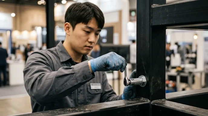 A Korean technician's gloved hands tightening a metal bolt into a black steel structural frame for a display.