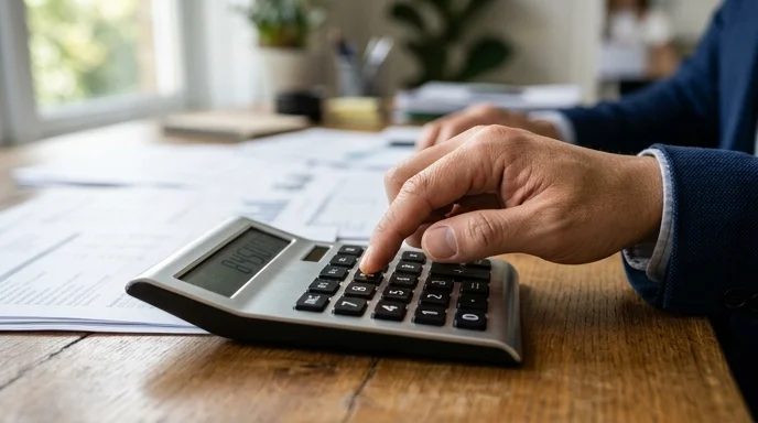 A Korean manager's hand pressing buttons on a sleek metallic calculator on a wooden office desk.