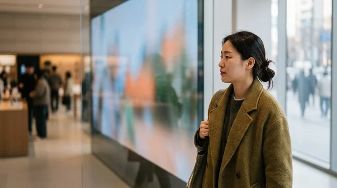 A young Korean woman walking past a large display screen inside a retail store.