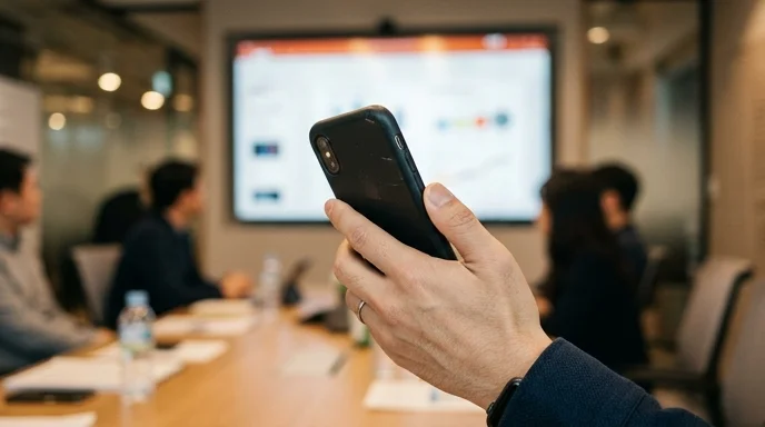 A hand holding a smartphone towards a large display to establish a seamless wireless mirroring connection.