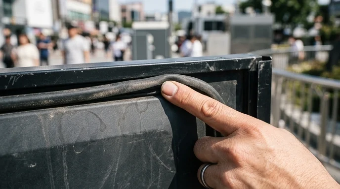 A technician's hand touching the thick rubber seal on the back of an outdoor LED panel.