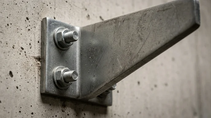 A heavy-duty metal wall bracket is secured to a concrete surface with bolts.