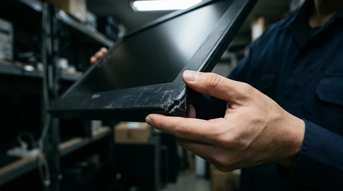 A technician's hand examining a chipped corner of a display frame in a storage room.