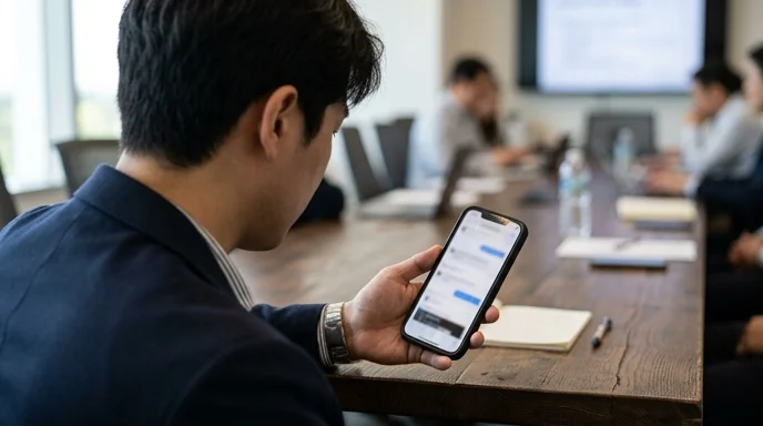 An attendee viewed from behind holding a smartphone on a meeting room table.