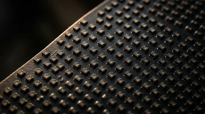 Close-up view of a direct-view LED module surface showing a precise grid of pixel diodes under warm raking light.