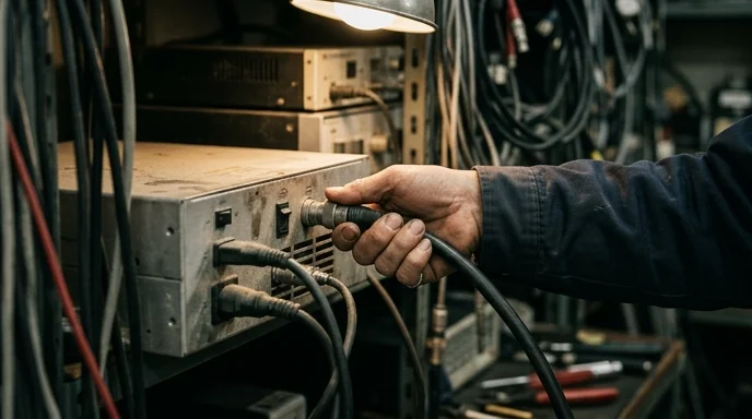 A Korean worker's hand firmly tightening a thick power cable into the back port of a controller unit.