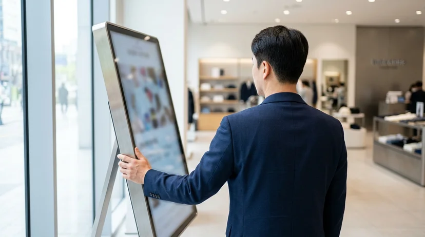 A manager viewed from behind standing near a window, inspecting a bright vertical digital signage in a retail store.