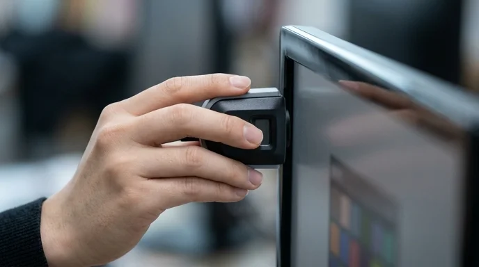 A Korean operator's hand holding a calibration device near a screen frame.