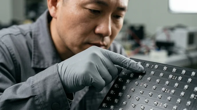 A Korean technician's gloved index finger pointing at the diode array of an LED pixel board.