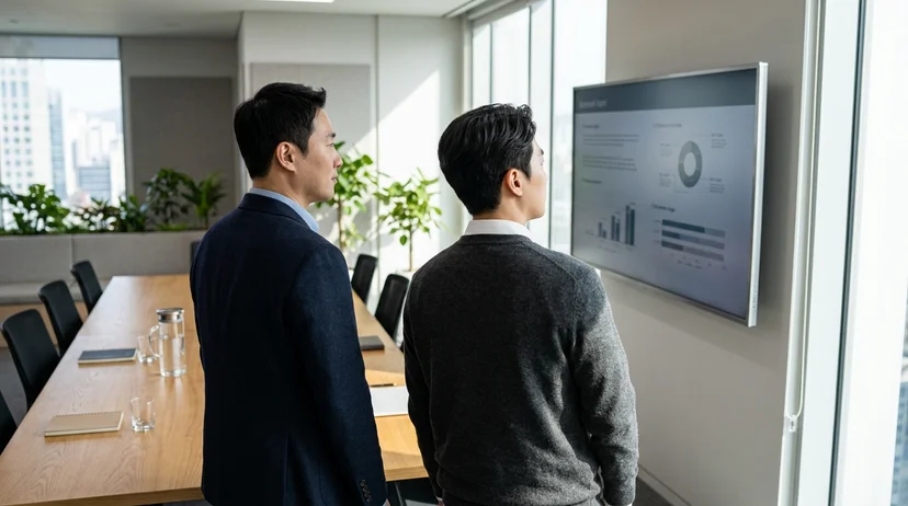 Two Korean attendees viewed from over the shoulder looking at a large display from a meeting table.