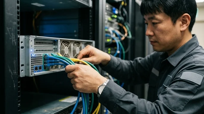 A Korean engineer's hands organizing cables connected to a media server in a rack.