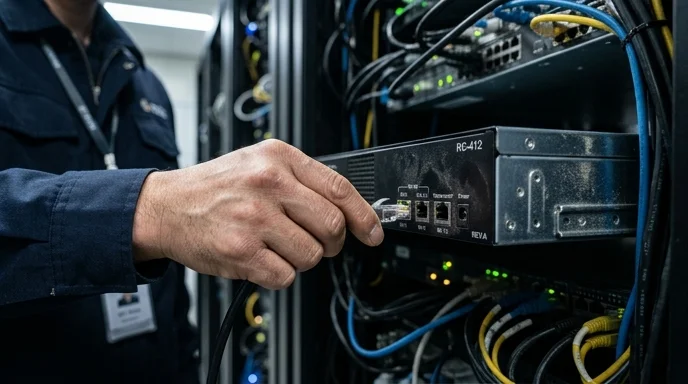 A Korean technician's hand touches the rear port of a single controller mounted in a server rack.