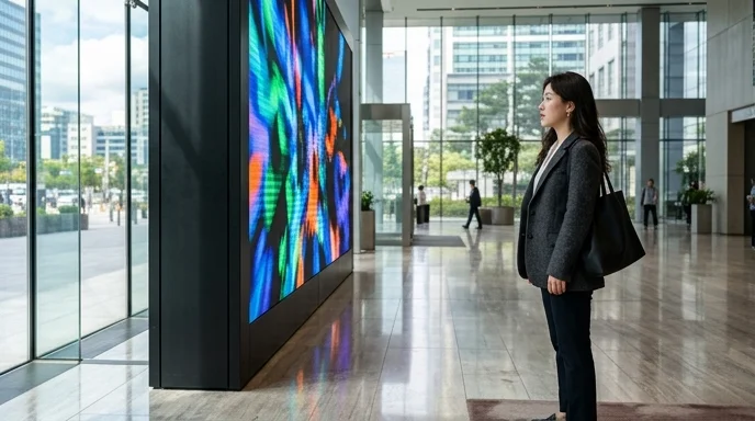 A Korean visitor looking at a large display in a bright glass-walled lobby.