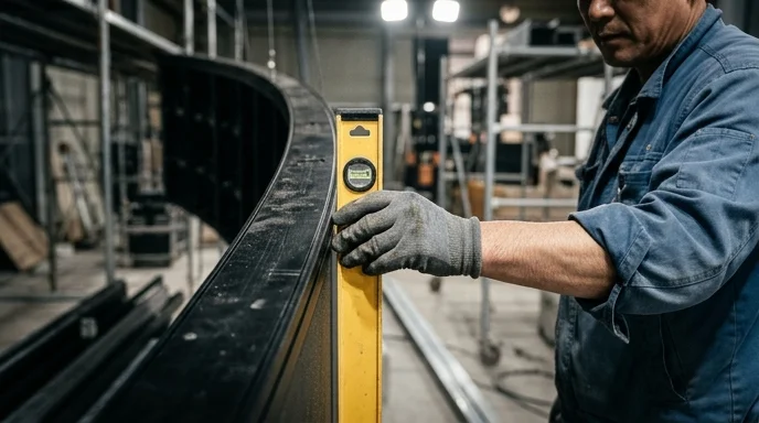 An installer holds a yellow spirit level against a scuffed curved screen frame.