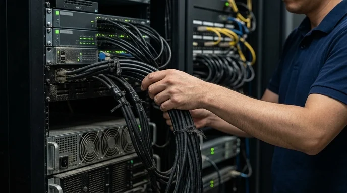 A Korean engineer's hand organizing cables behind a media server rack.