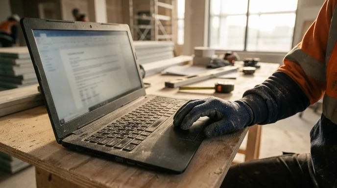 A Korean worker's gloved hand resting on the palm rest of a dusty, heavily used laptop on a table.