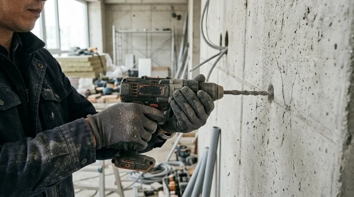 A Korean technician's gloved hands using a power drill on a concrete wall for cable installation.
