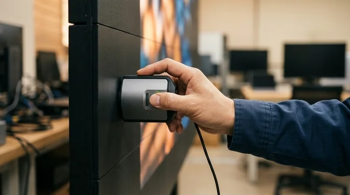 A technician's hand holds a calibration device against an LED display panel under warm indoor lighting.