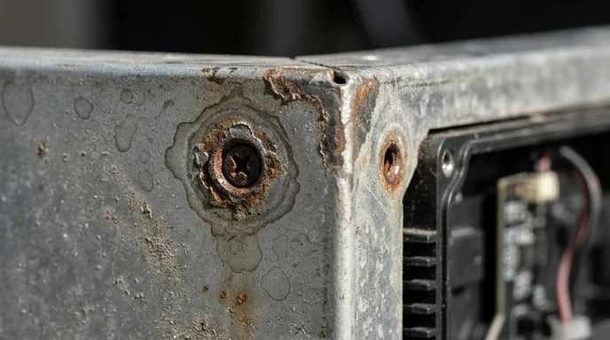 A macro shot of a metal LED cabinet surface showing water stains and fine rust.