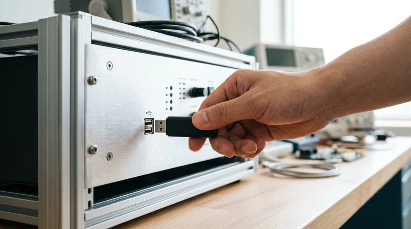 A Korean technician's bare hand plugging a USB drive into the front port of a controller.