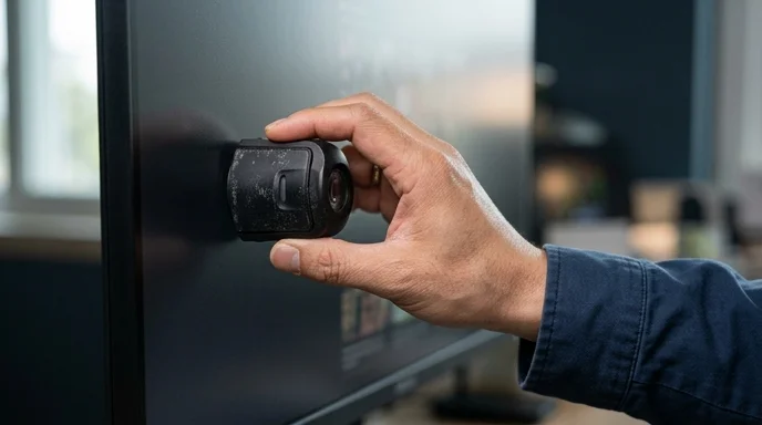 An engineer presses a color calibration sensor against a matte screen.