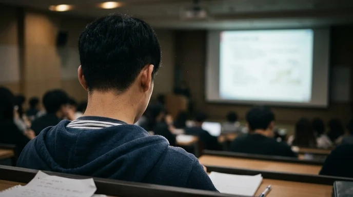 A Korean student in the back row looking toward a large display at the front.