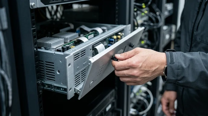 A Korean engineer's hand opening the front access panel of an AV processor for maintenance.