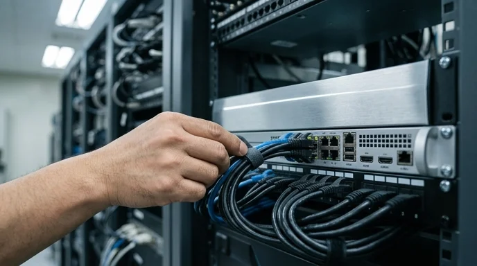 An IT administrator's hand organizes a bundle of cables connected to a rack-mounted media server.