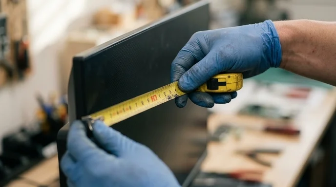 A Korean technician's hands using a tape measure near a large display.