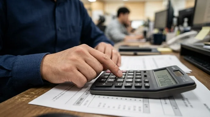 A Korean office worker's hand typing on a calculator over a printed quote on a desk.