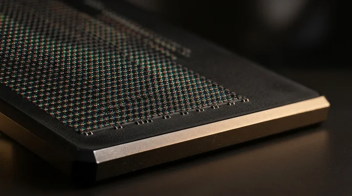 A macro view of a dense LED pixel grid on a display module under raking light.