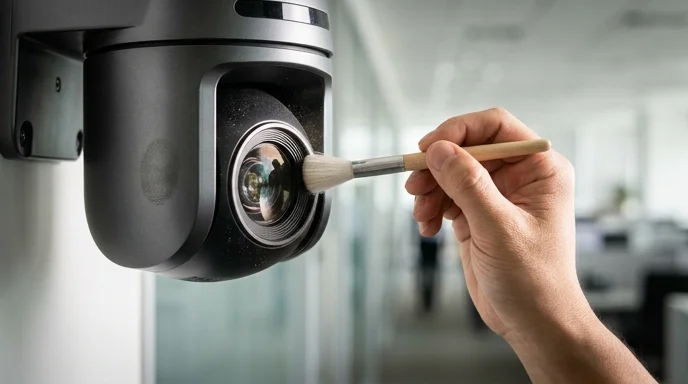 A Korean technician's hand using a small brush to clean dust off a mechanical video camera in a bright office.
