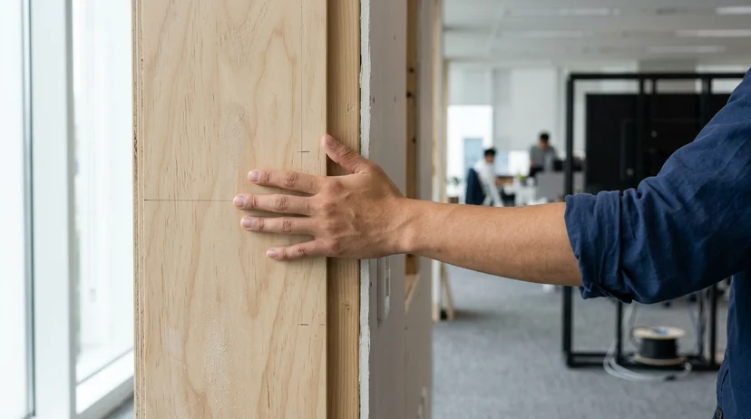 An engineer's hand gently pressing a thin plywood wall before mounting a large display.
