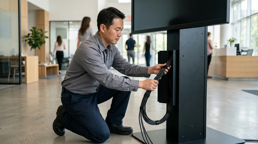 A kneeling technician pushing a bundle of power cables into the cable duct of a display stand pillar.