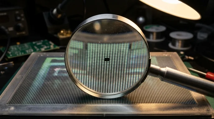 A magnifying glass rests on a pixel matrix showing a single burnt diode.