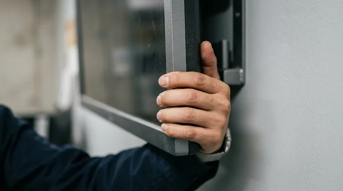 A technician's hand gripping the edge of a screen frame securely mounted on a solid interior wall.