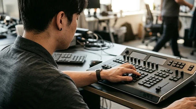 A Korean AV technician viewed from over the shoulder operating a controller on a desk.