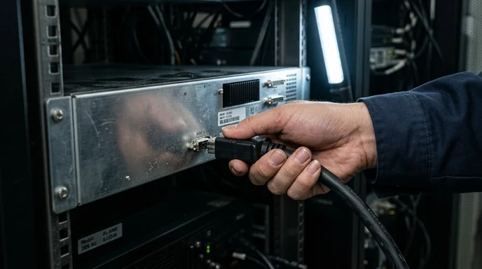 A Korean engineer's hand plugging a cable into the rear port of a controller unit inside a server rack.