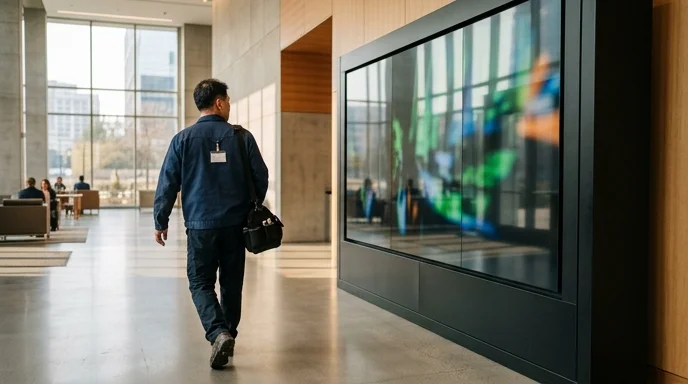 A Korean technician walking past a large display in a bright modern lobby on a sunny morning.
