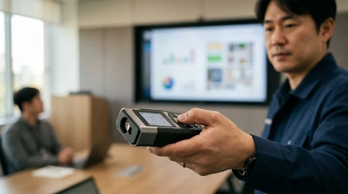 A person measures the viewing distance in front of a screen.
