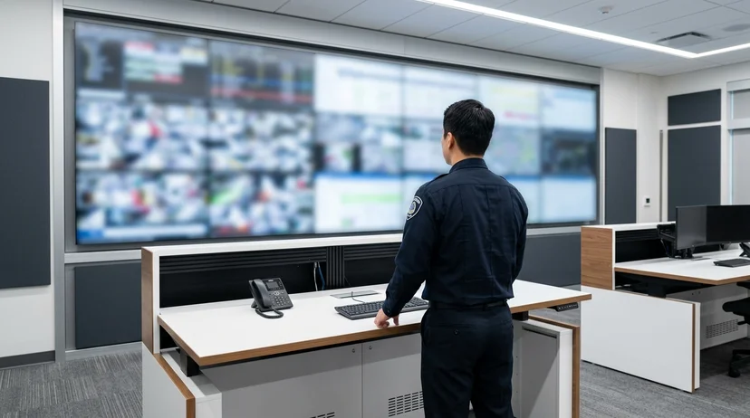 A Korean male operator monitoring a wall-mounted display in a control room viewed from behind.