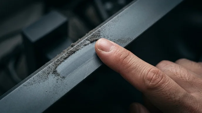 A Korean technician's finger wiping dust off the edge of a monitor frame panel.