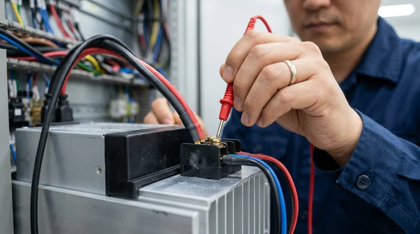 A Korean technician's hand placing a multimeter probe on an LED cabinet terminal to measure power.