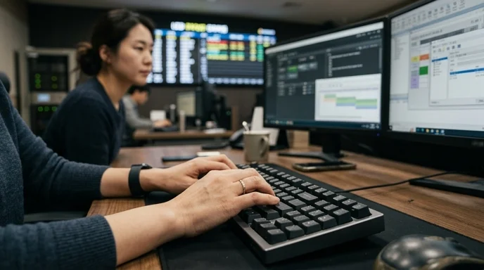A Korean operator's hands typing on a keyboard at a desk to update a status board thrown out of focus in the background.