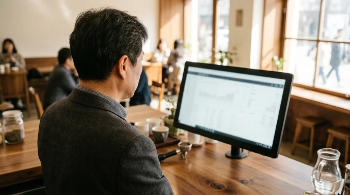 A Korean male manager looking up at a large display above a cafe counter from behind.